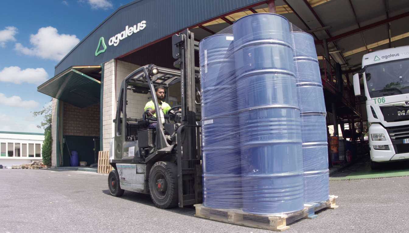 Gestión responsable de residuos en Agaleus: transporte y tratamiento seguro Carretilla elevadora trasladando bidones de residuos en las instalaciones de Agaleus.